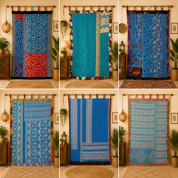 Light Blue Kantha Patchwork Curtain, Vintage Recycled Sari Door Curtain, Handmade Boho Window Panel, Indian Cotton Tapestry Decor
