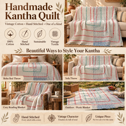 Ivory White Vintage Kantha Quilt Handmade Reversible Cotton Throw Blanket with Multicolor Stripes – 60x80 Inches