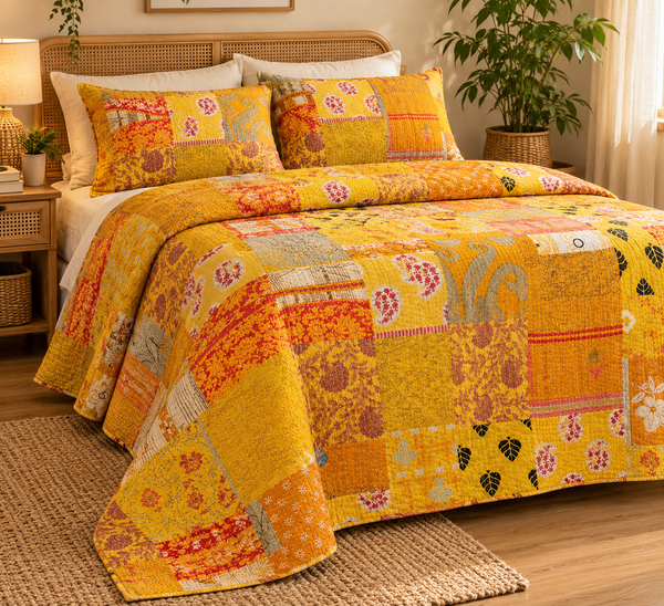 Yellow Vintage Kantha Patchwork Quilt, Handmade Indian Sari Cotton Bedspread, Mustard Boho Throw Blanket, Reversible Rustic Home Decor
