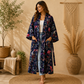 Navy Floral Cotton Kimono Cardigan for Women | Long Boho Open Front Robe with Pockets