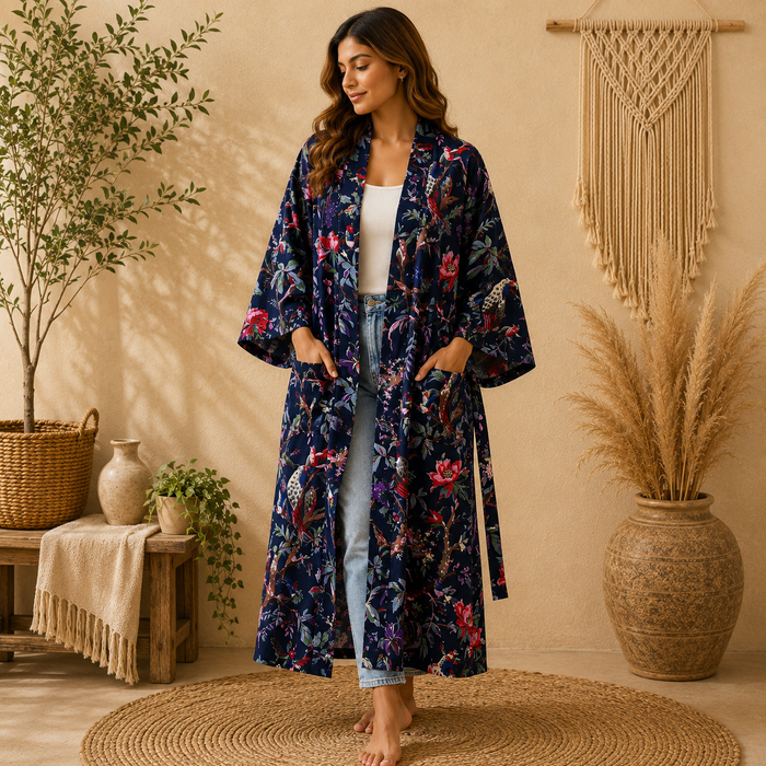 Navy Floral Cotton Kimono Cardigan for Women | Long Boho Open Front Robe with Pockets