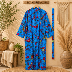 Blue Floral Cotton Kimono Cardigan for Women | Long Boho Open Front Robe with Pockets
