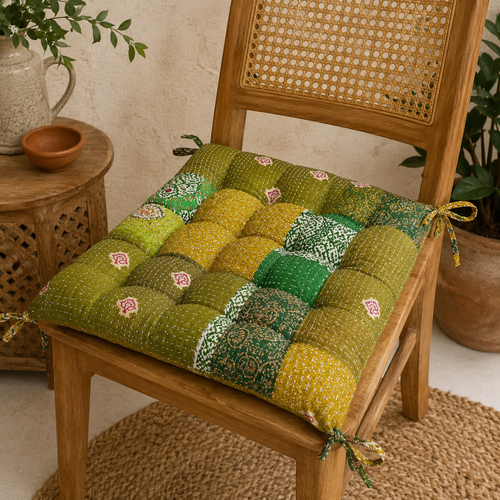 Vintage Kantha handmade Green Patchwork Chair Pad Soft chair pad Cushion Pad Seat Pad 15x15 Inch 1 Pcs