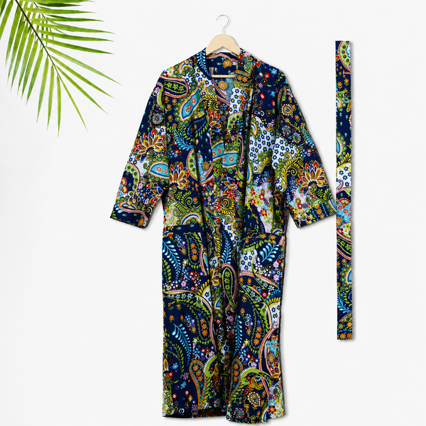 Women's Printed  Indian Nightwear Black Cotton long Kimono Gown