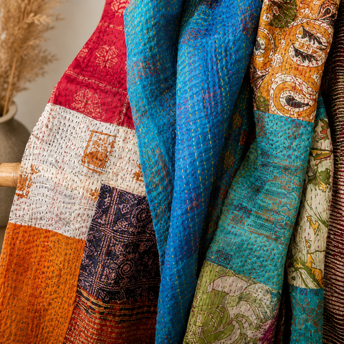 Set of 5 Handmade Silk Patchwork Kantha Scarves – Vintage Recycled Silk Scarves | Boho Wraps | Assorted Colorful Scarves | Sustainable Women's Fashion