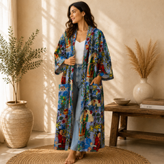 Handmade Cotton Kimono Robe for Women | Boho Floral Blue Kimono | Lightweight Cotton Lounge Robe | Beach Cover Up | Free Size