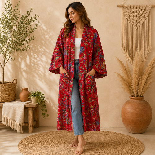 Red Floral Cotton Kimono Cardigan for Women | Long Boho Open Front Robe with Pockets