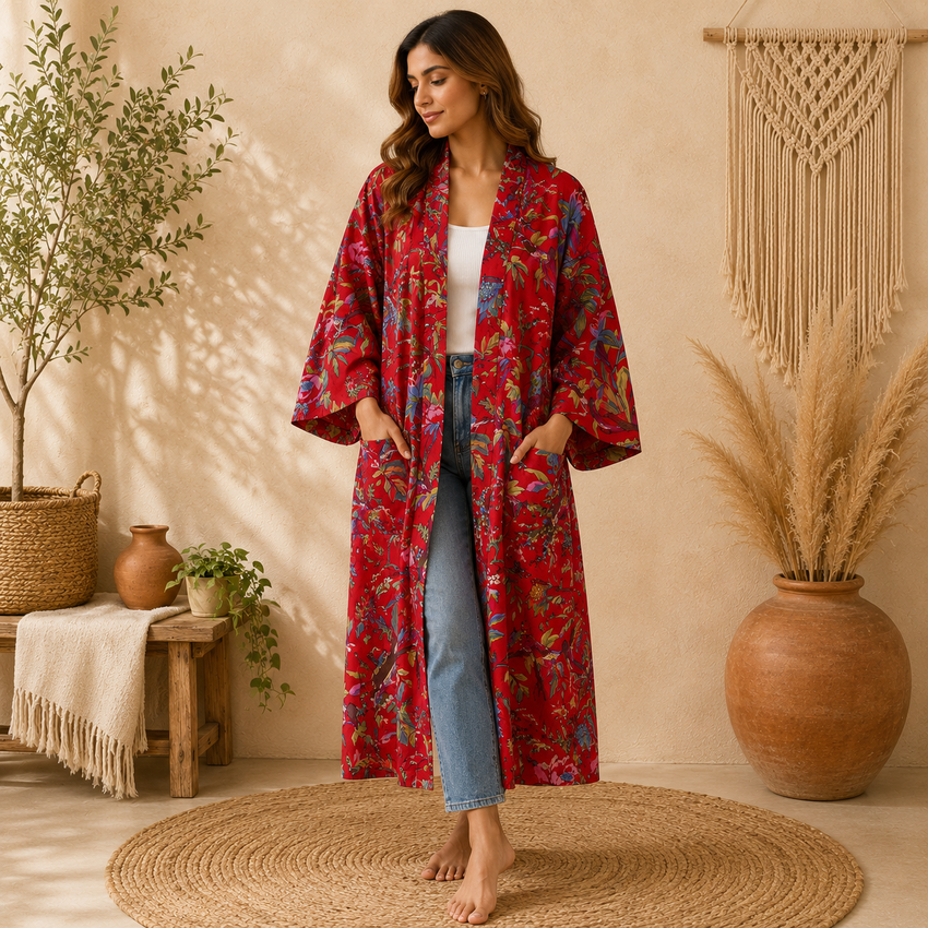 Red Floral Cotton Kimono Cardigan for Women | Long Boho Open Front Robe with Pockets