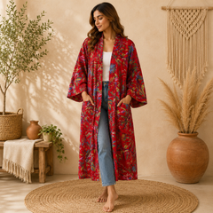 Red Floral Cotton Kimono Cardigan for Women | Long Boho Open Front Robe with Pockets