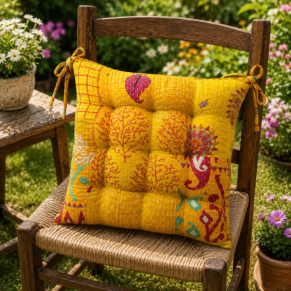 yellow patchwork Kantha Chair Pad, Handmade Cotton Chair Pad with Ties, Quilted Dining Chair Pad, Boho Chair Pad, Kitchen Chair Pad, Farmhouse Seat Pad