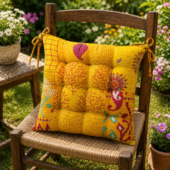 yellow patchwork Kantha Chair Pad, Handmade Cotton Chair Pad with Ties, Quilted Dining Chair Pad, Boho Chair Pad, Kitchen Chair Pad, Farmhouse Seat Pad