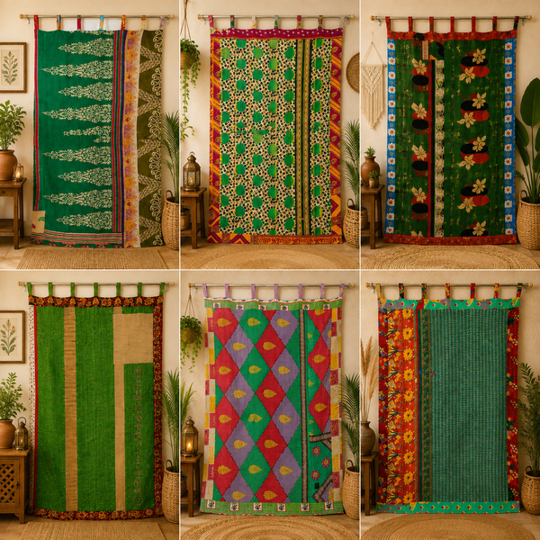 Green Kantha Patchwork Curtain, Vintage Recycled Sari Door Curtain, Handmade Indian Window Panel, Colorful Boho Tapestry, Assorted Decor