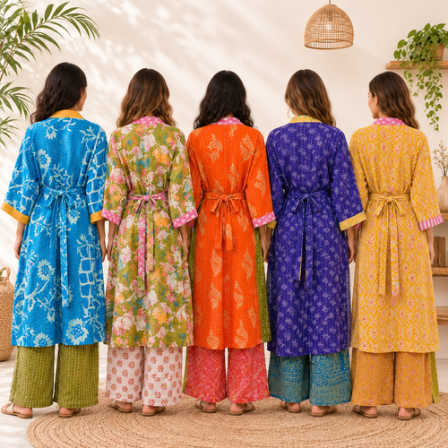 Handmade Vintage Kantha Kimono Robe 1 Pcs, Recycled Cotton Sari Patchwork Jacket, Boho Long Bathrobe with Pockets & Belt, S–2XL