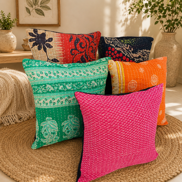 Handmade Kantha Cushion Cover, Cotton Patchwork Pillow Cover, Boho Throw Pillow Cover, Decorative Sofa Cushion Cover, Vintage Cotton Cushion Cover