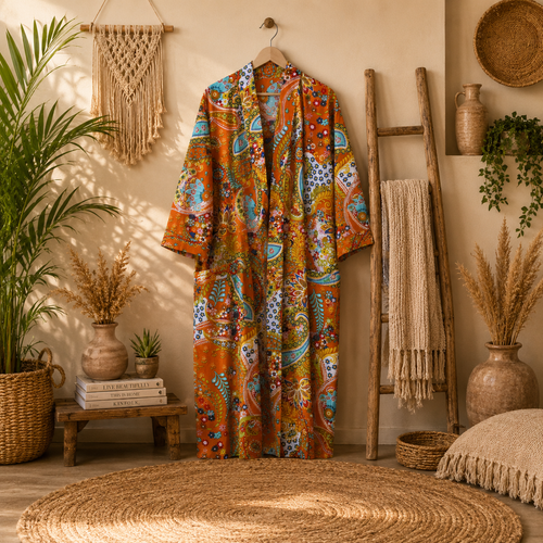 Women's Cotton Mustard Paisley Print Long Kimono Robe | Boho Open Front Lightweight Duster Cardigan with Belt