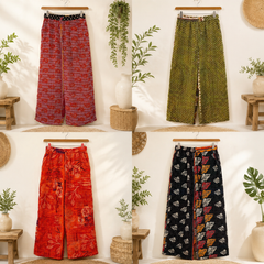 Handmade Kantha Cotton Wide Leg Pants 1 Pcs, 2 Layer Vintage Sari Palazzo Trousers, Boho Patchwork Lounge Pants, Adjustable Waist