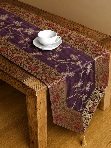 Purple Floral Silk Brocade Dining Table Runner