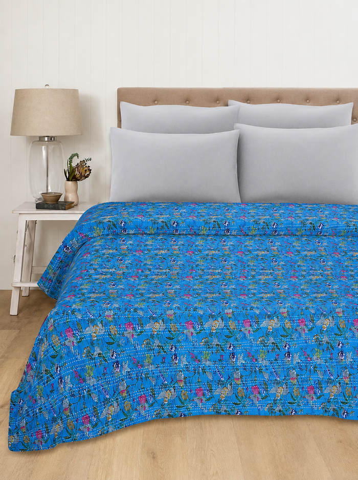 Kantha Cotton Quilt Turquoise Paradise Floral Bedcover
