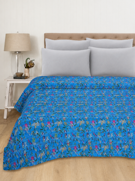 Kantha Cotton Quilt Turquoise Paradise Floral Bedcover