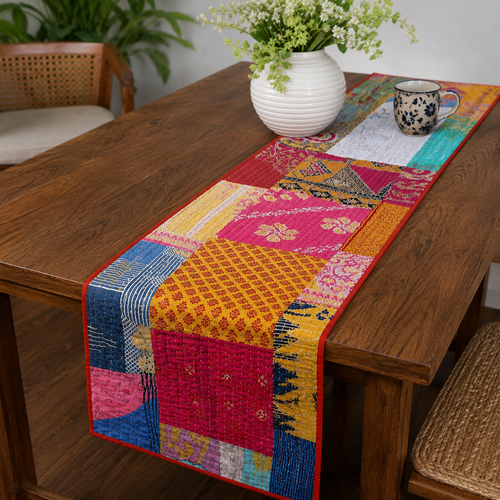 Vintage Kantha Patchwork Table Runner – Handmade Quilted Cotton Dining Table Decor