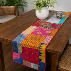 Vintage Kantha Patchwork Table Runner – Handmade Quilted Cotton Dining Table Decor
