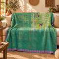 Turquoise Green Vintage Kantha Quilt Handmade Cotton Throw Blanket with Lime Green Floral Print – 60x90 Inches