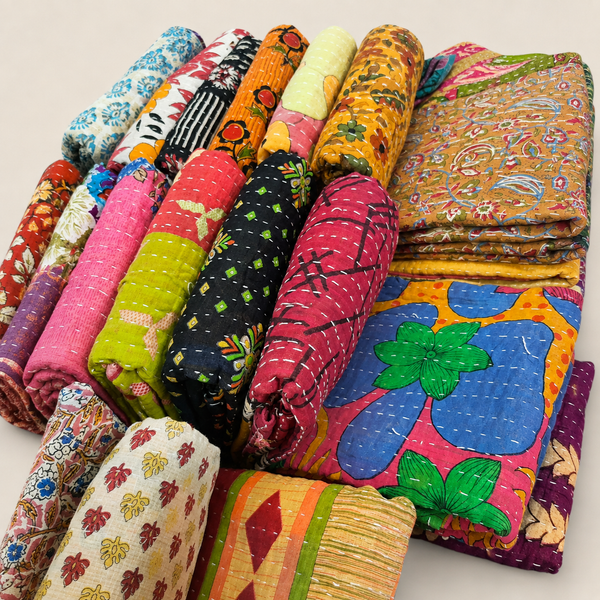 Vintage Kantha Quilt Handmade Indian Cotton Throw, Recycled Sari Blanket, Boho Patchwork Bedspread, Mixed Assorted Kantha Quilt