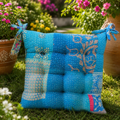 Blue Patchwork Chair Pad, Handmade Kantha Chair Pad, Tie On Cotton Seat Pad, Quilted Dining Chair Pad, Boho Kitchen Chair Pad, Garden Chair Pad