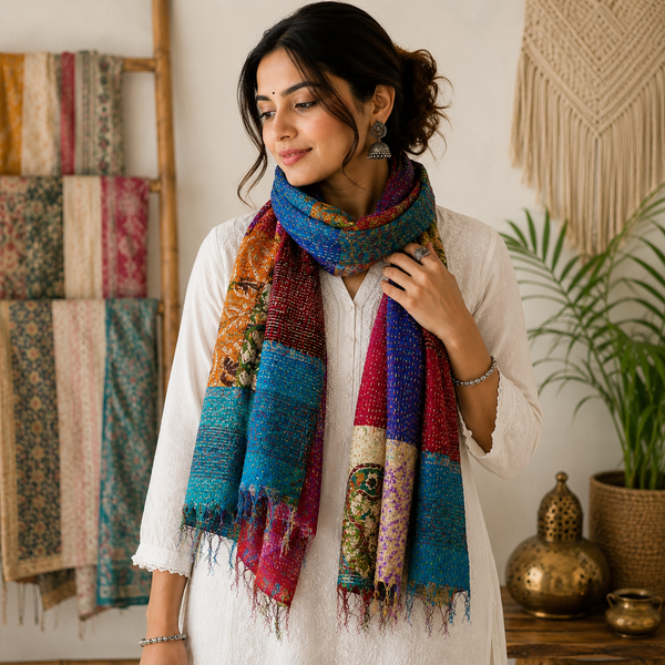 Set of 5 Handmade Silk Patchwork Kantha Scarves – Vintage Recycled Silk Scarves | Boho Wraps | Assorted Colorful Scarves | Sustainable Women's Fashion