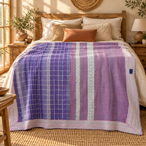 Purple & Lavender Vintage Kantha Quilt Handmade Heavy Cotton Reversible Throw Blanket – 50x60 Inches