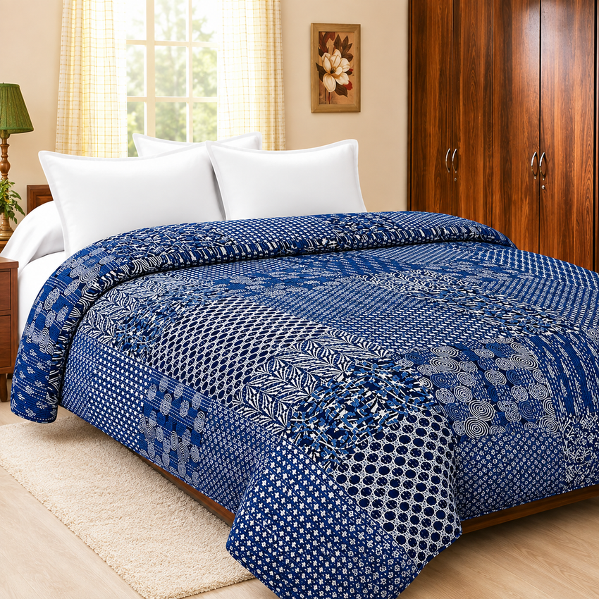 Indian Handmade Blue Indigo Vintage Kantha Queen Size Quilt