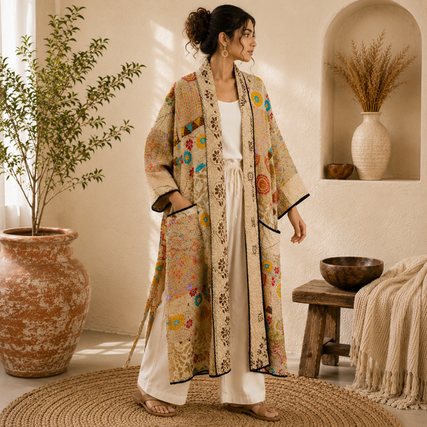 Indian Handmade Vintage Kantha Quilt Beige Patchwork Kimono Robe One Size Robe