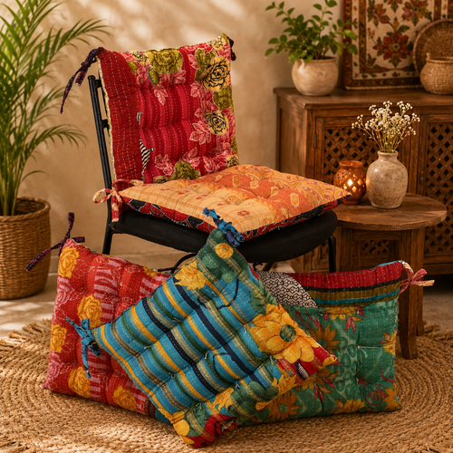 Handmade Kantha Chair Cushion, Cotton Floor Cushion, Quilted Seat Pad, Floral Chair Pad, Boho Cushion, Tie-On Chair Cushion, Dining Chair Cushion