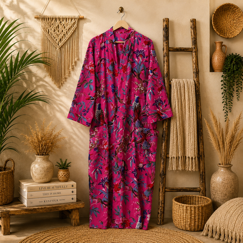 Women's Cotton Floral Bird Print Long Kimono Robe | Boho Lightweight Open Front Cardigan with Pockets