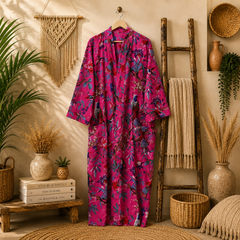 Women's Cotton Floral Bird Print Long Kimono Robe | Boho Lightweight Open Front Cardigan with Pockets