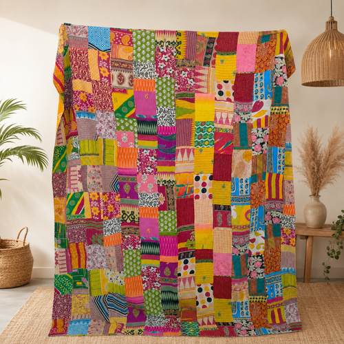 Assorted Vintage Kantha Handmade Patchwork Queen Quilt