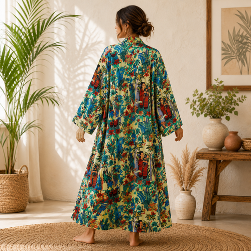 Handmade Cotton Kimono Robe for Women | Boho Floral Long Kimono | Lightweight Cotton Beach Cover Up | Resort Wear | Free Size