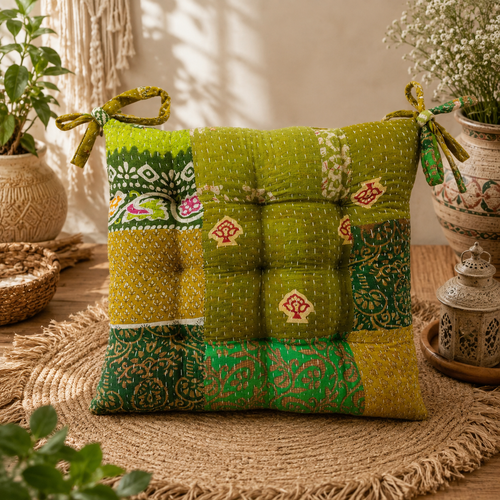 Green patchwork Kantha Chair Pad Cushion, Handmade Cotton Seat Cushion with Ties, Quilted Dining Chair Cushion, Boho Chair Pad, Kitchen Chair Seat Pad, Farmhouse Decor