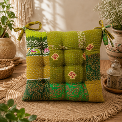 Green patchwork Kantha Chair Pad Cushion, Handmade Cotton Seat Cushion with Ties, Quilted Dining Chair Cushion, Boho Chair Pad, Kitchen Chair Seat Pad, Farmhouse Decor