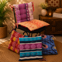 Handmade Kantha Chair Cushion, Cotton Seat Cushion, Quilted Chair Pad, Tie-On Chair Cushion, Boho Floral Cushion, Dining Chair Cushion, Floor Cushion