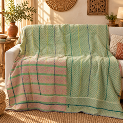 Sage Green Vintage Kantha Quilt Handmade Cotton Throw Blanket with Pink Stripes – 60x75 Inches