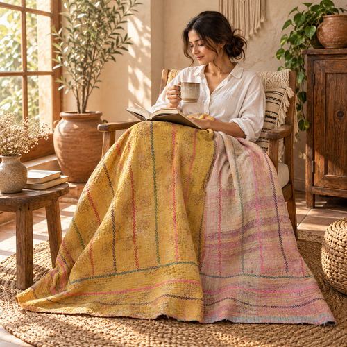 Mustard Yellow & Pink Vintage Kantha Quilt Handmade Reversible Cotton Throw Blanket – 65x90 Inches