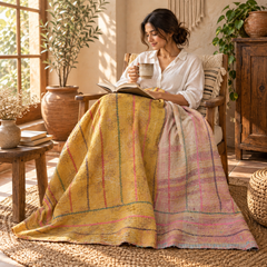 Mustard Yellow & Pink Vintage Kantha Quilt Handmade Reversible Cotton Throw Blanket – 65x90 Inches