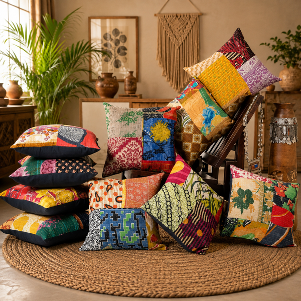 Handmade Patchwork Cushion Cover, Cotton Kantha Pillow Cover, Boho Throw Pillow Cover, Decorative Sofa Cushion Cover, Vintage Patchwork Pillow Cover