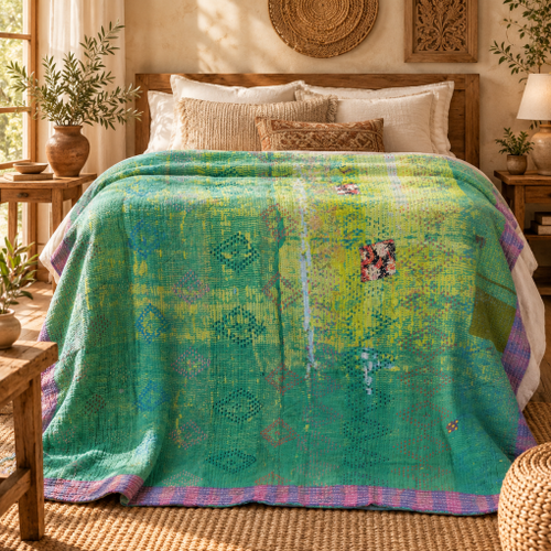 Turquoise Green Vintage Kantha Quilt Handmade Cotton Throw Blanket with Lime Green Floral Print – 60x90 Inches