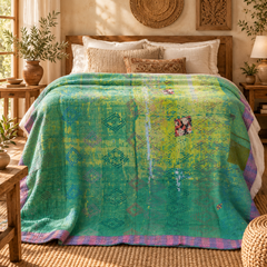 Turquoise Green Vintage Kantha Quilt Handmade Cotton Throw Blanket with Lime Green Floral Print – 60x90 Inches