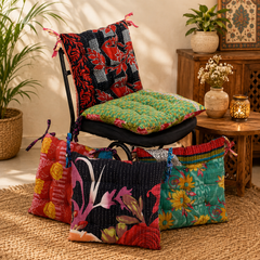 Handmade Kantha Chair Cushion, Cotton Floor Cushion, Quilted Seat Pad, Floral Chair Pad, Boho Cushion, Tie-On Chair Cushion, Dining Chair Cushion