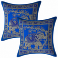 Set of 5 Ethnic Pillow Cover 16x16 Blue Brocade Elephant Cushion Covers