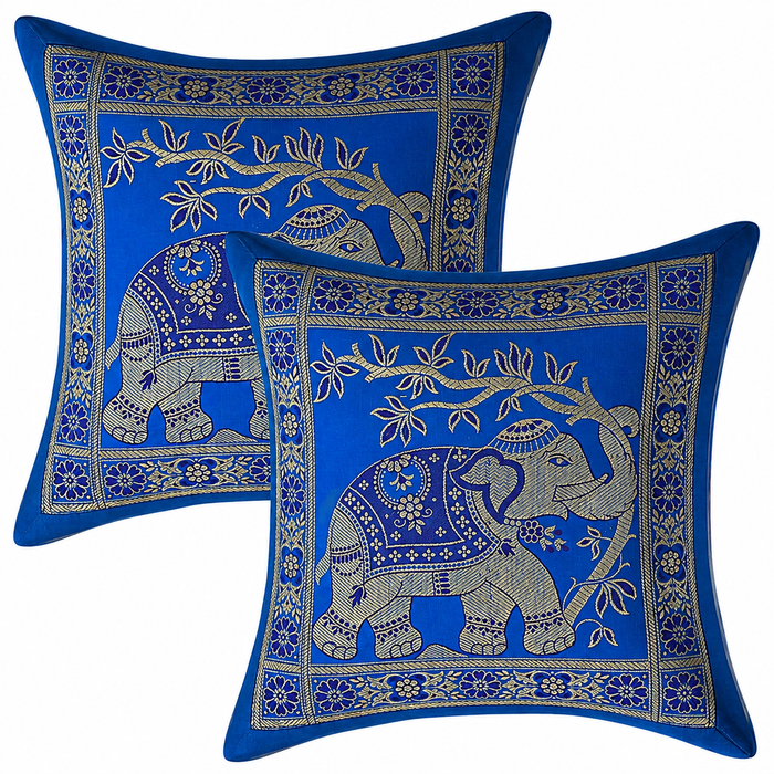 Set of 5 Ethnic Pillow Cover 16x16 Blue Brocade Elephant Cushion Covers