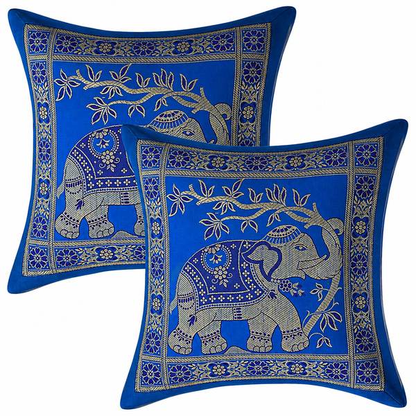 Set of 5 Ethnic Pillow Cover 16x16 Blue Brocade Elephant Cushion Covers